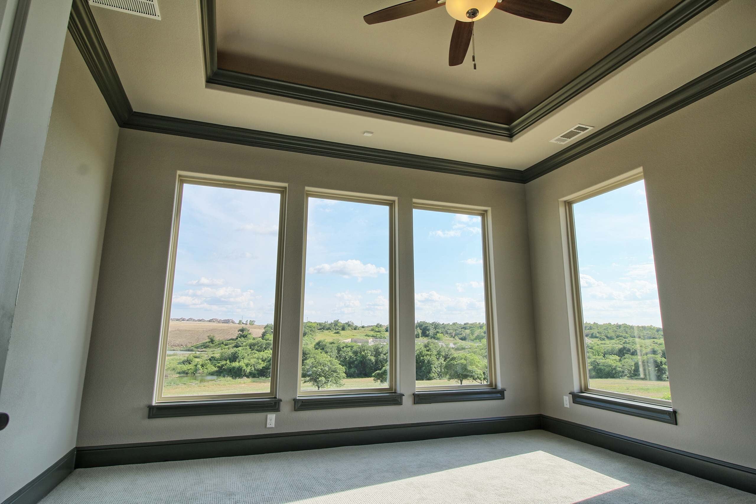 Carpeted bedroom with tray ceiling, charcoal crown molding and baseboards, ceiling fan, and four tall windows overlooking wooded hills